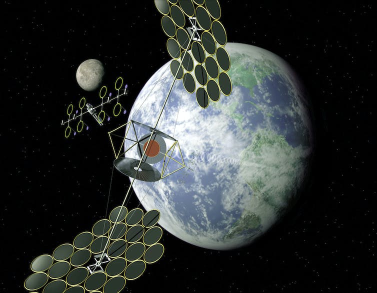 Artist's conceptions of a solar power satellite, dubbed the Integrated Symmetrical Concentrator SPS concept.